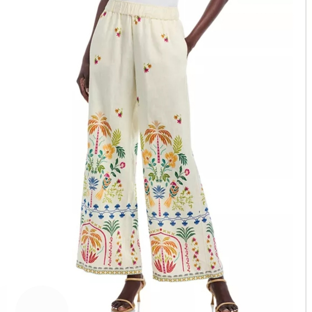 Johnny Was Pants XXL Ivory 100% Linen Soller Wide Leg Embroidered Boho New $225